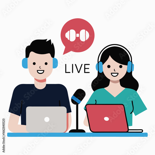 Live podcast streaming with man and woman using microphone and laptop isolated on white background