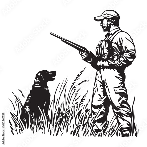 Hunter and Gun Dog Bird Hunting Silhouette Set - Vector Illustrations.
