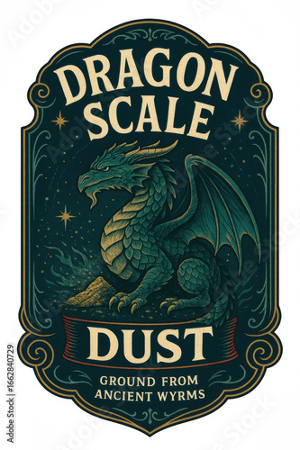 vintage apothecary potion label illustration of dragon with scales and wings sitting on dust pile ornate green and gold engraved frame antique fantasy design concept of halloween crafts