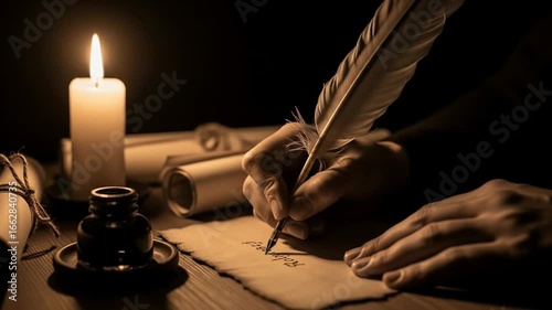 A Scribe's Hand Writes a Historic Manuscript with a Quill Pen by Flickering Candlelight