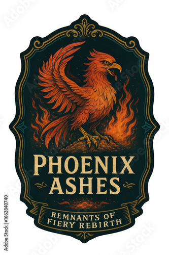 vintage apothecary potion label illustration of phoenix bird rising from flames with ashes ornate black and gold engraved frame antique fantasy design concept of halloween crafts and mystical branding