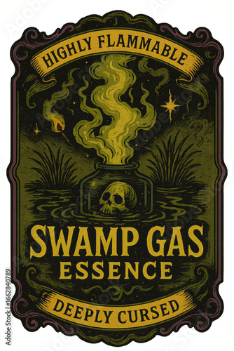 vintage apothecary potion label illustration of swamp gas rising from bottle with skull in dark marsh ornate green and gold engraved frame antique fantasy essence design concept of halloween crafts