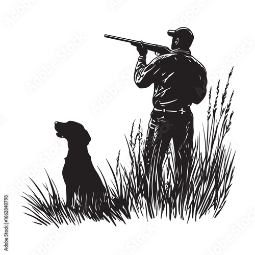 Hunter and Gun Dog Bird Hunting Silhouette Set - Vector Illustrations.