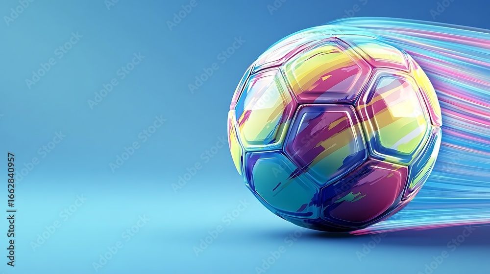 Fototapeta premium Colorful soccer ball with motion blur on a light blue background