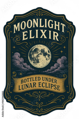 vintage apothecary potion label illustration of full moon glowing with stars and clouds ornate black and gold engraved frame antique fantasy elixir design concept of halloween crafts