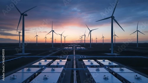 wind turbines battery storage system renewable energy sunset