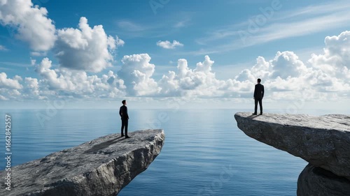 Businesspeople Standing on Separate Cliffs Facing Each Other Over Water in Dramatic Sky Scene