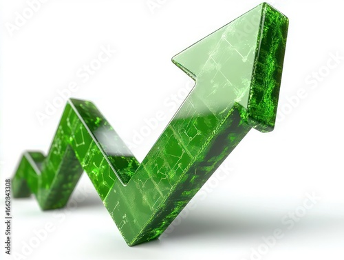 Shiny green 3D arrow with upward zigzag shape symbolizing growth or progress on a white background