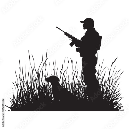 Hunter and Gun Dog Bird Hunting Silhouette Set - Vector Illustrations.
