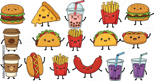 Cute cartoon fast food characters with smiling faces, funny burger, pizza, taco, fries, hotdog, sausage, soda, coffee, bubble tea, vector illustration design