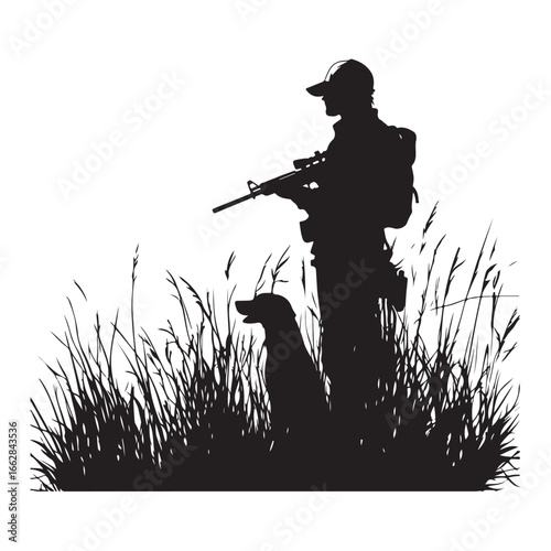 Hunter and Gun Dog Bird Hunting Silhouette Set - Vector Illustrations.