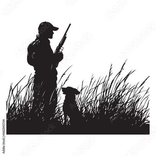 Hunter and Gun Dog Bird Hunting Silhouette Set - Vector Illustrations.