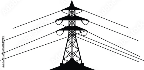 High voltage transmission tower silhouette, electricity pylon illustration, power grid infrastructure, energy distribution structure, electrical lines vector,