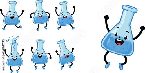 Cute cartoon laboratory flask character with happy face, smiling chemical beaker mascot, science experiment bottle illustration, funny chemistry glassware icon, vector isolated design