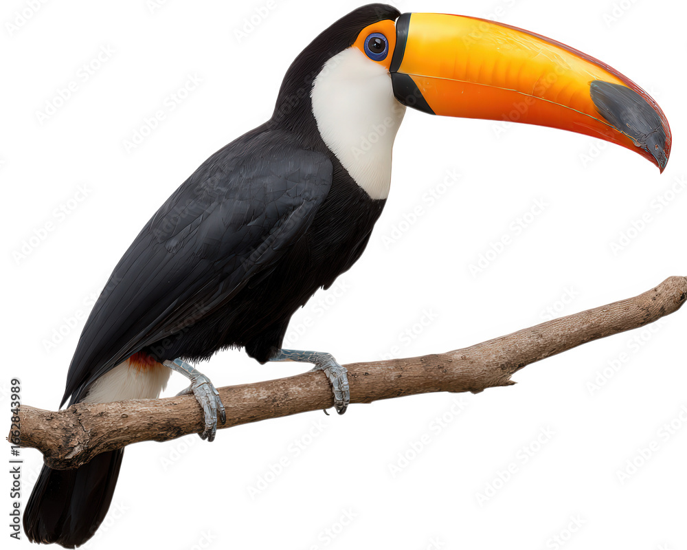 Fototapeta premium Colorful toucan perched on branch, featuring large vibrant orange beak, black and white plumage, and lively expression, perfect for wildlife and nature themes