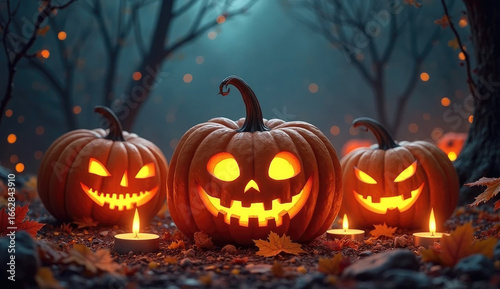 Wallpaper Mural Jack-o’-lantern pumpkins glowing with candles surrounded by autumn leaves, dark spooky background Torontodigital.ca