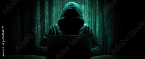 The mysterious hacker working on a laptop in a dark digital environment.