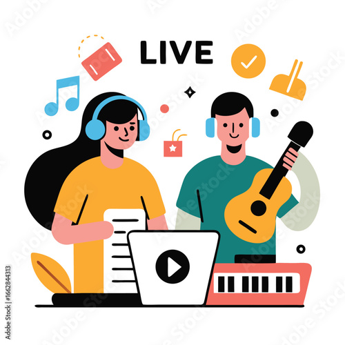 Live music stream with musicians playing guitar and keyboard isolated on white background