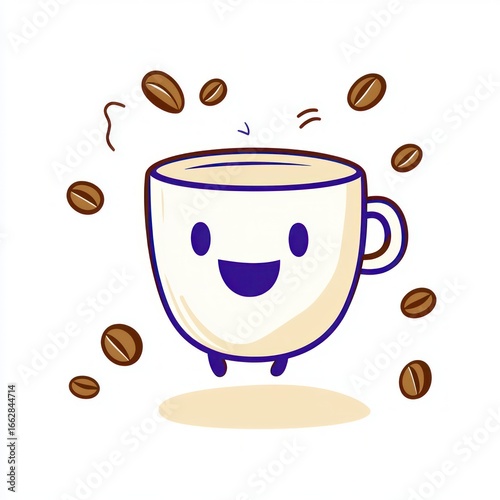 Happy smiling coffee cup surrounded by floating coffee beans, expressing joy and energy