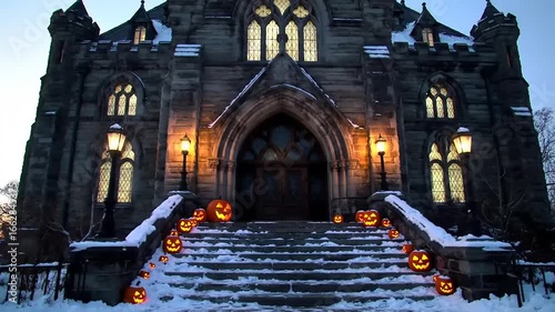 Snow covered church steps with halloween pumpkins