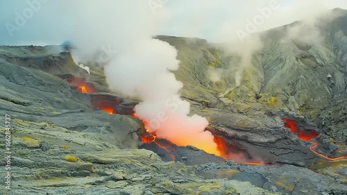 Dramatic molten lava rivers flow from an erupting volcano, showcasing the raw, unstoppable power of Earth's geological forces in a mesmerizing display of fire and smoke