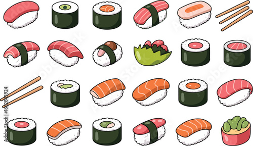 A vibrant assortment of delicious sushi and maki rolls artfully arranged with chopsticks isolated on transparent background