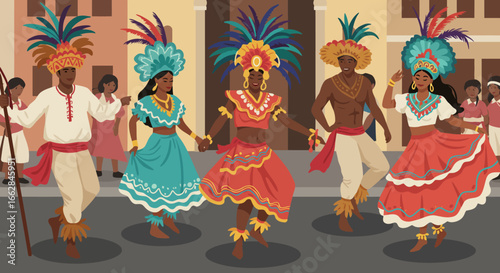 Festive Fiesta: A vibrant illustration captures a spirited cultural celebration, with colorfully adorned dancers moving in unison during a lively parade.