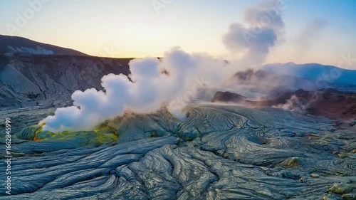 Dawn over a powerful volcanic landscape active fumaroles emit steam and gases with striking sulfur deposits, a dynamic natural phenomenon showcasing Earth's raw, intense energy
