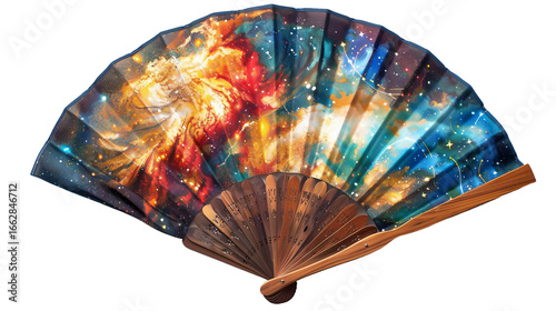 Celestial Themed Silk Fan with Starry Night Design on white background