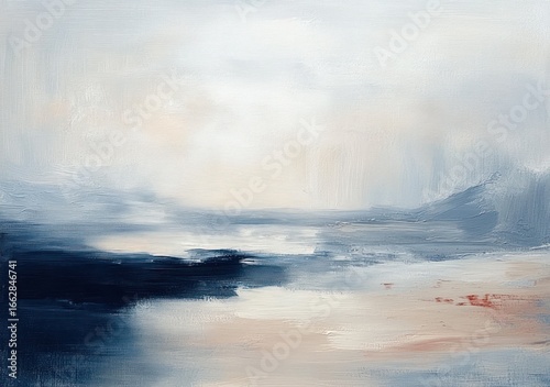 Abstract seascape with soft blue, white, and beige tones blending with calm, misty water and sky, creating a serene and tranquil atmosphere