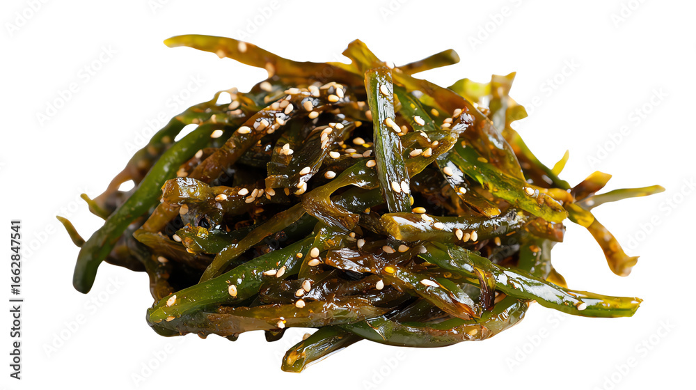 Obraz premium Delicious seaweed salad garnished with sesame seeds, vibrant green strands on a white background.