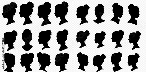 A collection of black female head silhouettes in profile with various bun hairstyles.