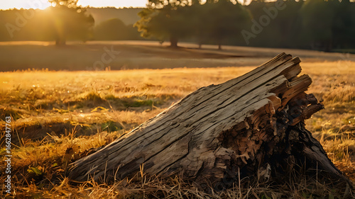 wooden fence in autumn, Tree Stump in Golden Hour Field at Sunset