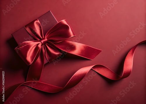 Luxurious Red Gift Box with Flowing Satin Ribbon Background. 