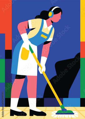 woman wearing headset mopping the floor Illustrator Artwork design template poster