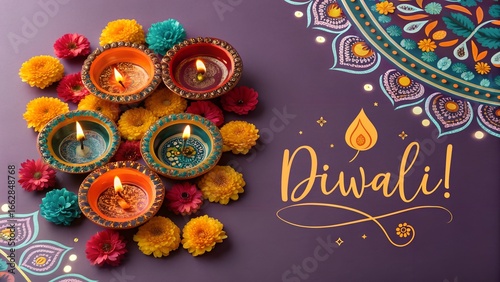 Vibrant Diwali Celebration with Lit Diyas and Marigold Flowers Background. 