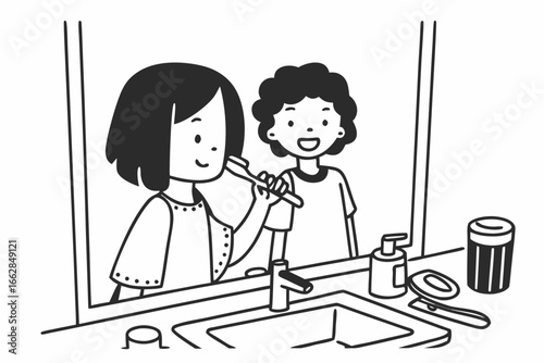 Cheerful children brushing teeth together in bathroom mirror, promoting oral hygiene