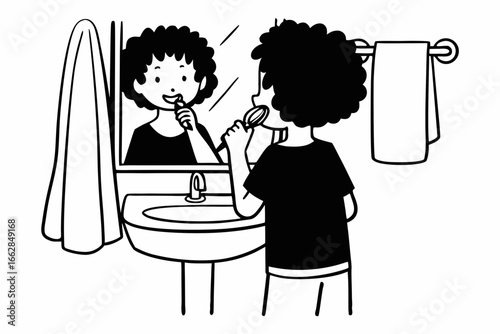 Daily hygiene routine with a child brushing teeth in a modern bathroom mirror scene