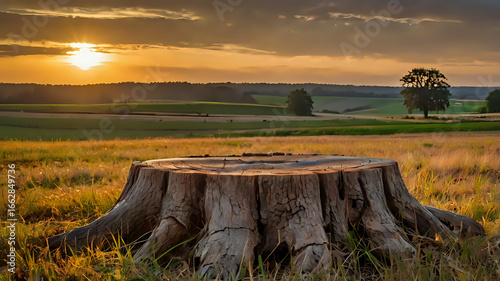 Tree Stump in Golden Hour Field at Sunset