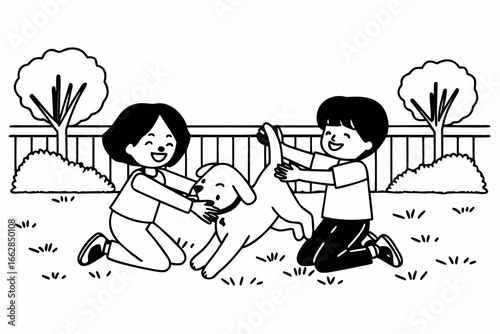 Joyful children playing with happy dog in sunny yard illustration style drawing