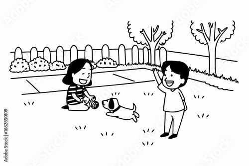 Happy children play with their dog in the yard on a bright day, family fun outdoors