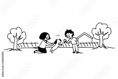 Family fun: Mom, son and dog playing fetch in a backyard on a sunny afternoon