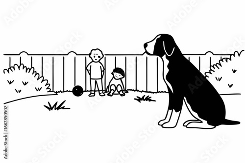 Happy kids play ball in backyard while loyal family dog watches over them lovingly