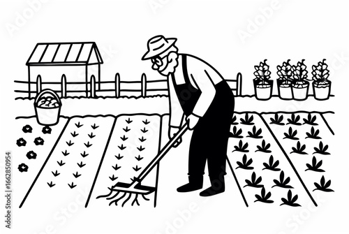 Farmer tending to rows of crops with seedlings in a garden, offering rural charm