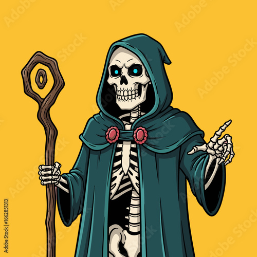 Cartoon Vector Illustration of Grim Reaper Holding Staff with Hooded Robe in Pop Art Style