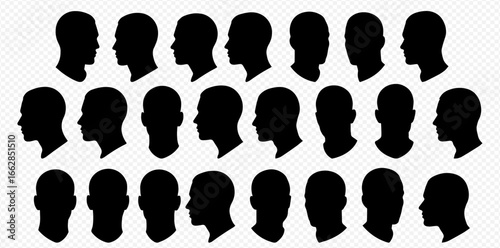 A collection of black human head silhouettes displayed from various angles and profiles against a transparent background.