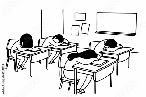Students sleeping at desks in classroom, feeling exhausted and burned out from studying