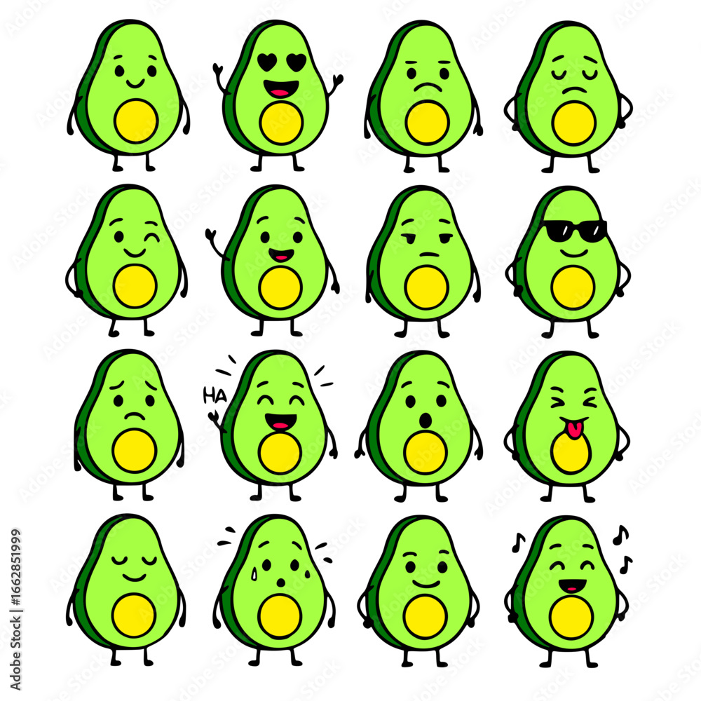 Obraz premium Icon sheet, cartoon vector, avocado fruit character, with different expressions