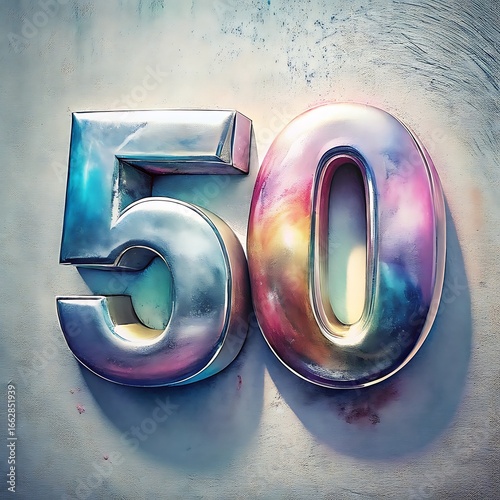 Shiny chrome number 50 with iridescent reflections on textured surface