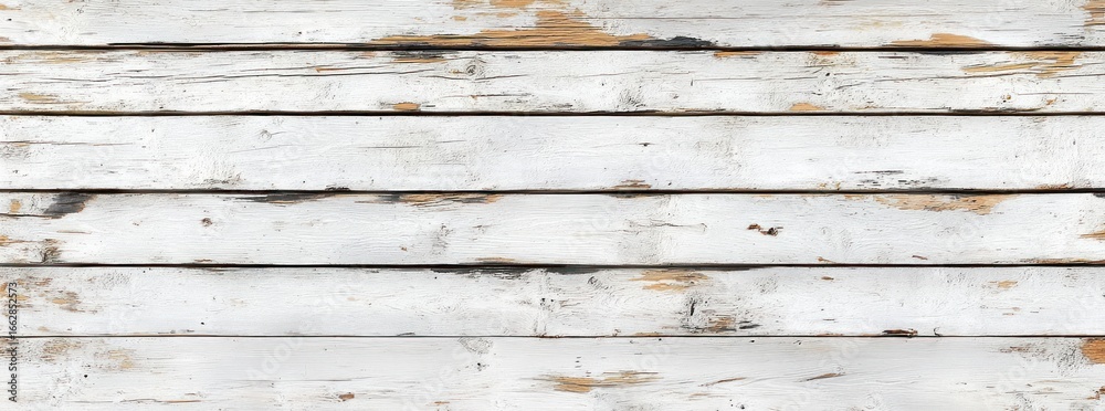 Fototapeta premium Close-up of horizontally aligned wooden planks with white peeling paint showing aged and weathered texture